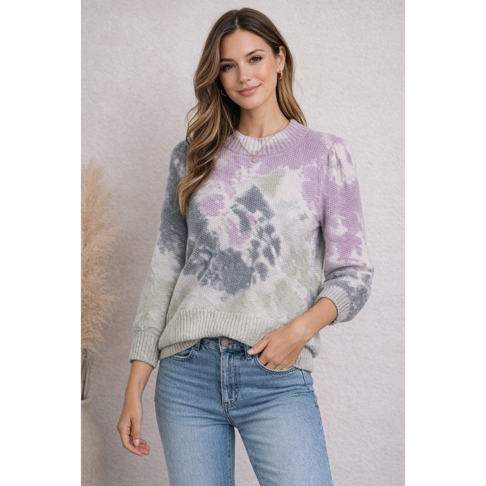 MADEWELL Tie Dye Puff Sleeve Cotton Knit Sweater Artistic Pastel Purple Sz S